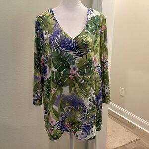 Susan Graver Knit Stretchy Lined Floral Tropical Resort Palm Top Long Sleeve  L